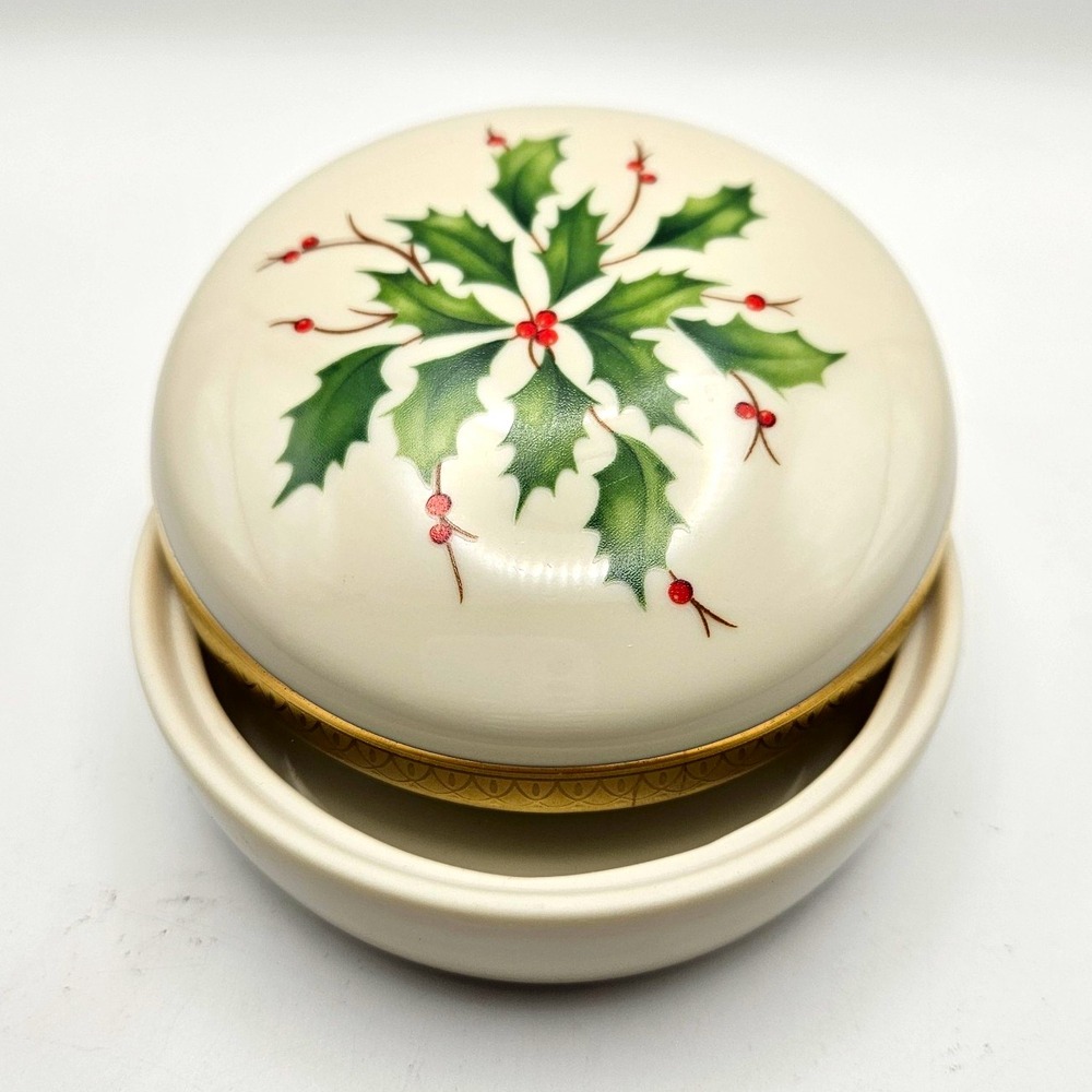 Lenox Holiday Dimensions Collection Lidded Trinket Box with Holly Design